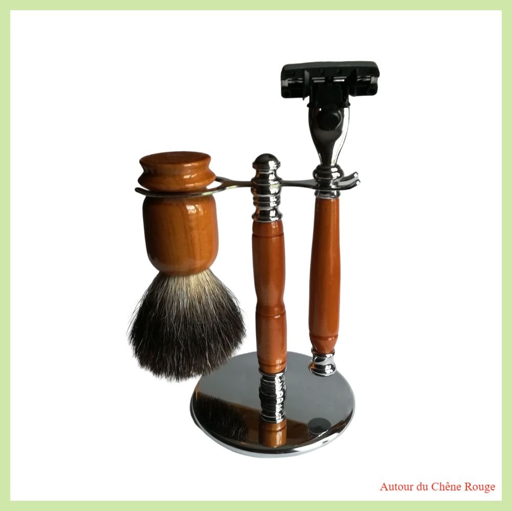 Coffret cadeau set de rasage - Rasoir à tête interchangeable (Mach 3 Gillette®) et blaireau en véritables poils naturels en bois d'arbre fruitier--9996666140581
