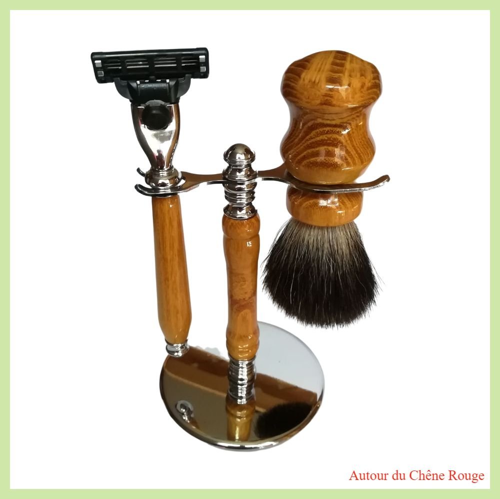 Coffret cadeau set de rasage - Rasoir à tête interchangeable (Mach 3 Gillette®) et blaireau en véritables poils naturels en bois de robinier (faux acacia)--9996666048887