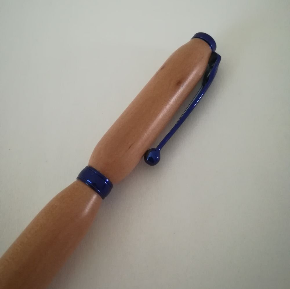 Stylo bille rechargeable - Bleu métallisé et bois d'aubépine--9996728430315